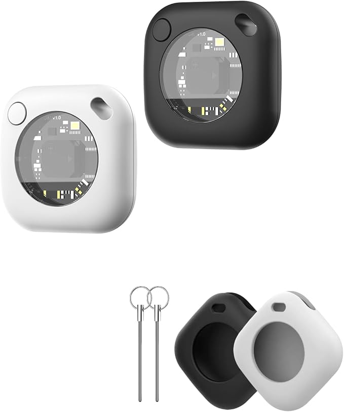Air Tracker Tags-2 Pack, 5.3 Bluetooth Tracker Work, 100dB Sound, Smart Tag with Keychain/Lanyard, Item Finder for Luggage/Key/Suitcase, Replaceable Battery, Black.White，with Apple Find My (iOS Only)