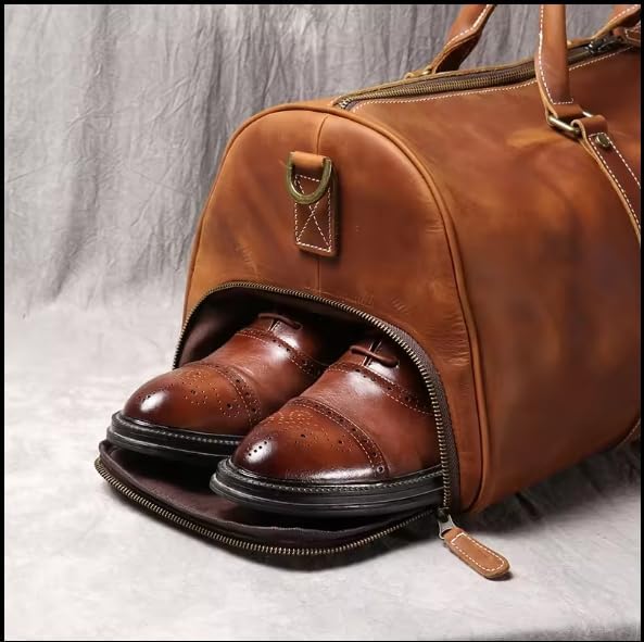 Mullis Mercantile Leather Weekender Travel Bag, a timeless classic. This vintage leather duffle bag is perfect for airline carry on, full-grain leather, a retro design, gym, and a YKK zipper in brown.