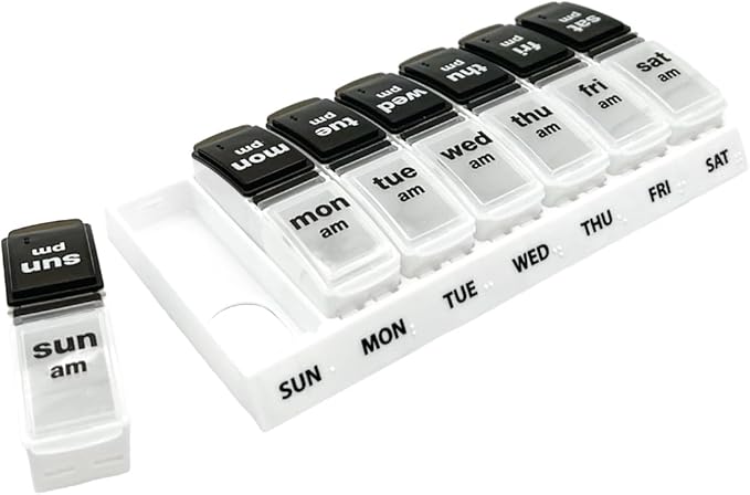 EZY DOSE Weekly (7-Day) Daily AM/PM Pill Case, Medicine Planner, Vitamin Organizer, Supplement Container, Large Pop-Out Compartments, Designed for Travel 2 Times a Day, Black and White Lids