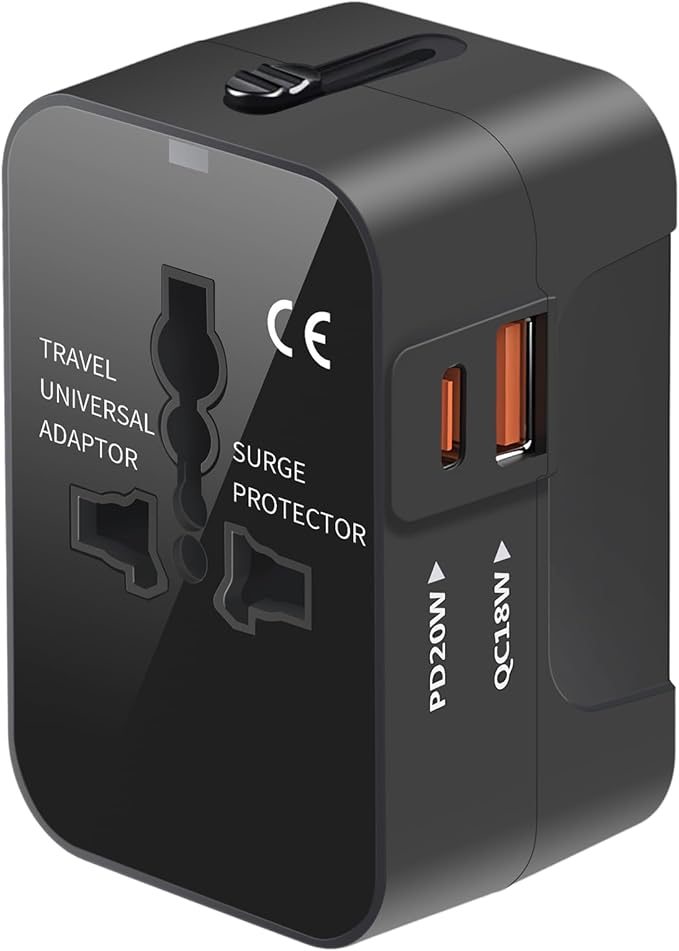 Universal Travel Adapter with 3.0A PD USB-C & QC USB-A Ports, Fast Charging International Plug Adapter, Worldwide Wall Charger AC Power Plug Converter Adaptor for US to EU UK AUS Asia