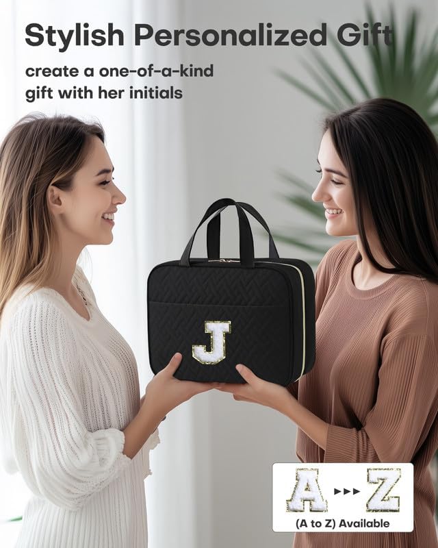 HOTOR Travel Toiletry Bag - Personalized Chenille Initial Makeup Bag, Water-Resistant Personalized Gifts for Women, Portable Travel Accessories & Essentials, Letter J, Black, 11.4"×9.0"×3.35"