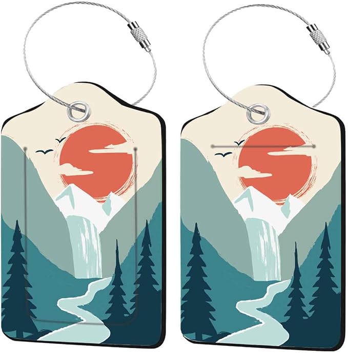 2 Pcs Mountain Sun Luggage Tags for Suitcases Men, Leather Luggage Tags for Men, Privacy Cover ID Label with Stainless Steel Loop & Address Card, Fun Travel Bag Tags Luggage Accessories for Suitcases