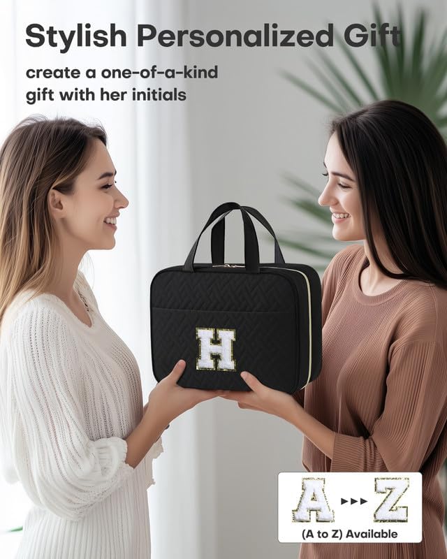 HOTOR Travel Toiletry Bag - Personalized Chenille Initial Makeup Bag, Water-Resistant Personalized Gifts for Women, Portable Travel Accessories & Essentials, Letter H, Black, 11.4"×9.0"×3.35"