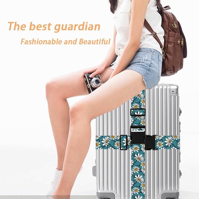 White Daisy Luggage Straps for Suitcases TSA Approved, Luggage Identifiers for Suitcase, Adjustable Suitcase Strap for Baggage Security with Cute Patten, Travel Necessary Accessories (2 Pack)