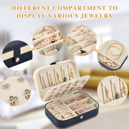 Travel Jewelry Box, PU leather Small Jewelry Organizer For Female Girls, double layer portable mini travel case for storing earrings, rings, necklaces.(dark blue 2pcs)