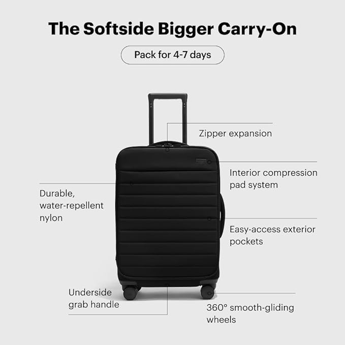 Away Softside Bigger Carry-On Suitcase, 23 Inch Lightweight, Expandable High-Strength Nylon Luggage With Spinner Wheels, Meets Requirements for Most Major Airlines, Jet Black