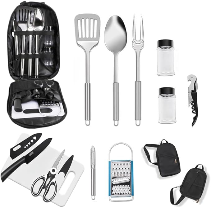 12 Pcs Camping Kitchen Utensil Set Outdoor Kitchen Gear, Outdoor Cooking and Grilling Utensil Travel Set Perfect for Camping Accessories Cooking, RV Camp. Camping, BBQs, Parties and More