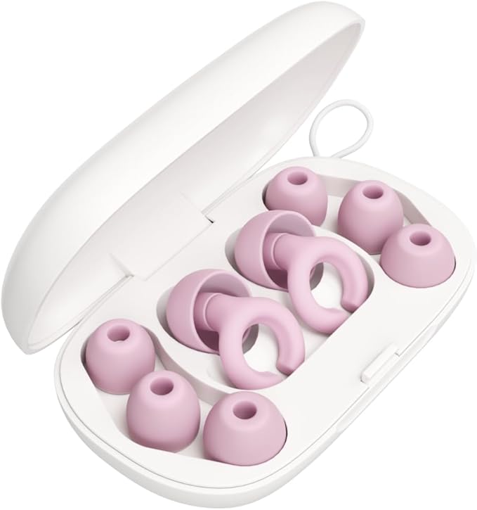Ear Plugs, Reusable Soft Silicone Plugs with Horseshoe Shape for Comfort, Designed for Sleep and Loud Noises, 17dB (NRR) Noise Reduction Rating, Pink, 1 Pair with Portable Travel Case