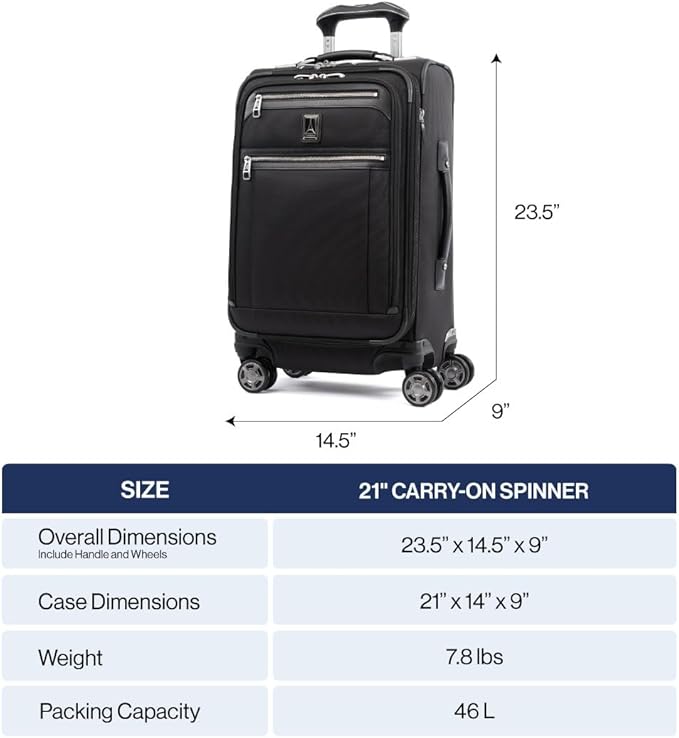Travelpro Platinum Elite Softside Expandable Carry on Luggage, 8 Wheel Spinner Suitcase, USB Port, Suiter, Men and Women, Dark Blue, Carry On 21-Inch