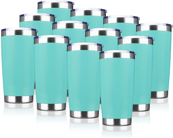 20oz Tumbler Bulk Stainless Steel Vacuum Insulated Tumblers with Lid Double Wall Travel Mug, Powder Coated Coffee Cup, Suitable for Ice Drinks and Hot Beverage (Light blue 12pack)