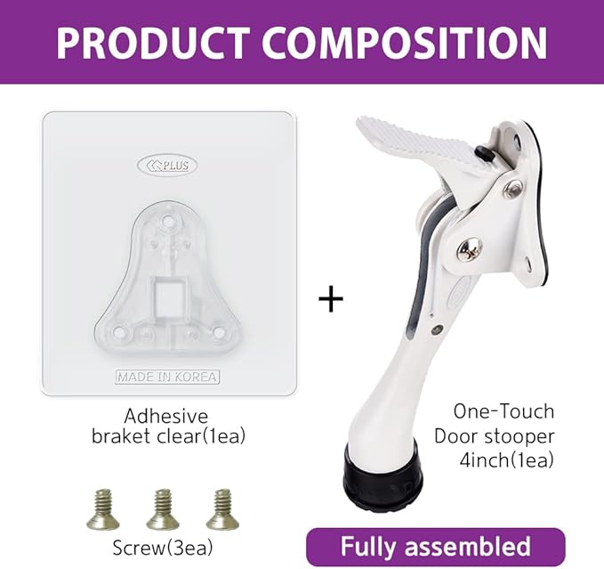 Door Stopper with Adhesive Bracket Stickers, No Drilling or Tools Needed, Available for All Doors, Door Holder, Heavy Door Stop, KickDown Door Stoppers, Bottom of Door by HASHI (White/Bracket 4pack)