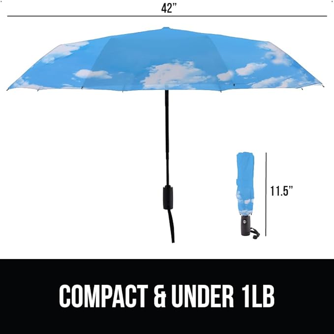 GORILLA GRIP Strong Stick Umbrella for Rain, Compact Travel One-Click Automatic Open Close, Lightweight, Portable, US Designed Reinforced Fiberglass Ribs, Wind Resistant, Easy Collapse, Sky Blue