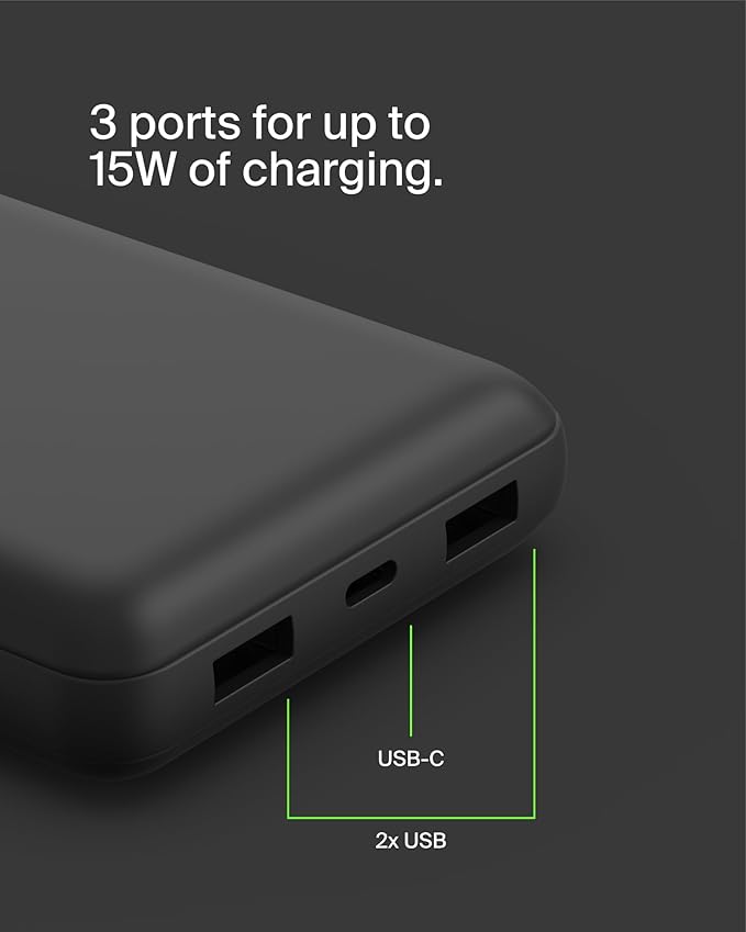 Belkin Portable Charger, USB-C Power Bank 20000 mAh w/ 2 USB-A Ports, 15W w/ Type-A to Type-C Cable for iPhone 16, 16 Plus, 16 Pro, 16 Pro Max, Samsung Galaxy S2, Google Pixel 10, etc. - Black