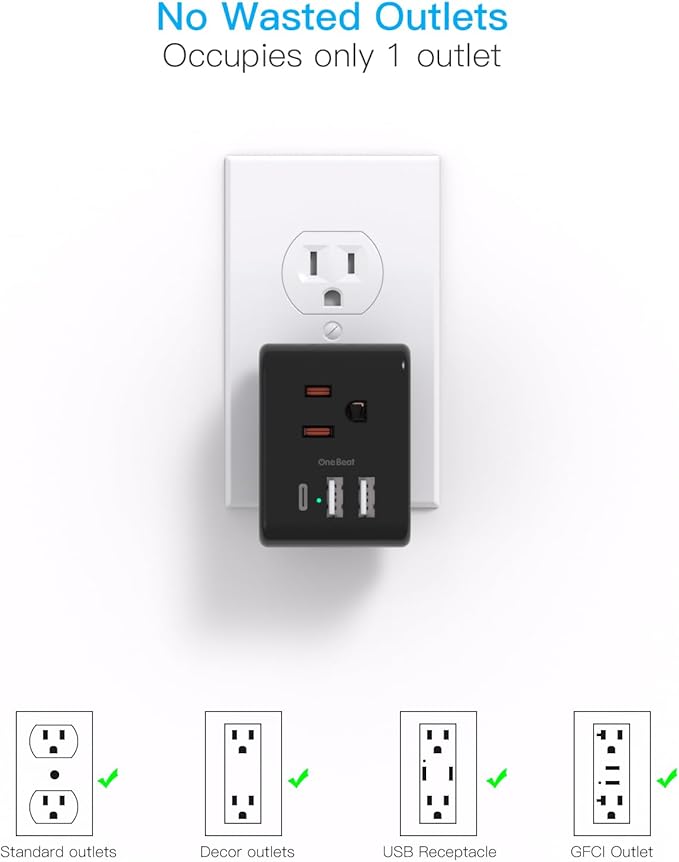 Multi Plug Outlet Extender, Power Strip Non Surge Protector Electric Outlet Splitter with 3 USB Wall Charger (1 USB C), Multiple Outlet Expander for Cruise, Dorm, Travel, Home, Black