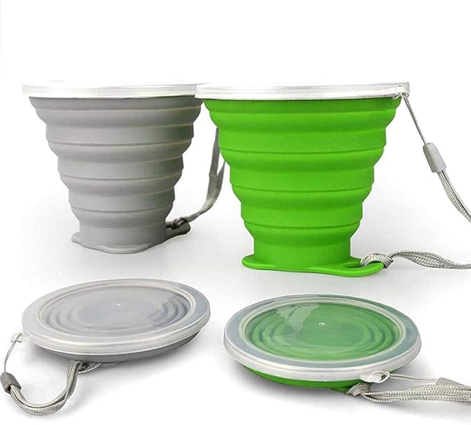 JBER Silicone Collapsible Travel Cup, Silicone Folding Camping Cup with Lids Expandable Drinking Cup for Outdoor Hiking Travel