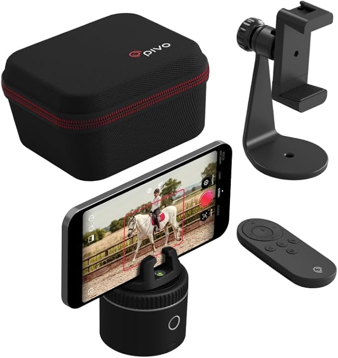 Pivo Equestrian Silver Starter Pack, Auto Face, Body, Horse Phone Tracking Holder, Ai-Powered 360° Rotation, Remote Control for Hands-Free Video Recording with Smart Mount and Travel Case