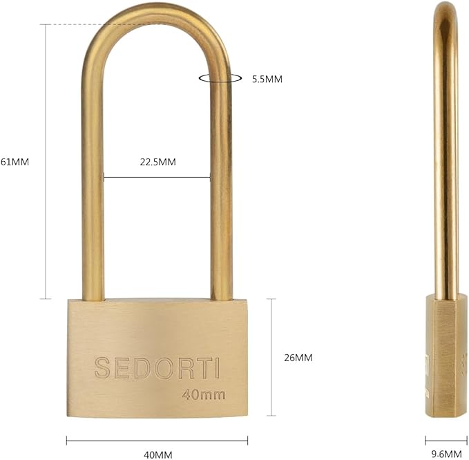 Weather Proof Lock, Keyed Alike Solid Brass Padlocks with Long Brass Shackle, Light Duty, 1-1/2" Wide Body, Marine Padlock, Anti Rust Lock, 12 Pack
