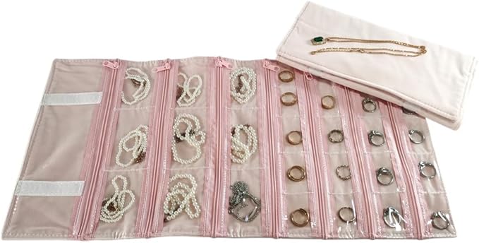 Travel Jewelry Roll Bag Portable Organizer Pouch With Grids&PVC Cover Storage Bags for Necklace, Bracelet, Bracelet,Ring, Badge, Pendant