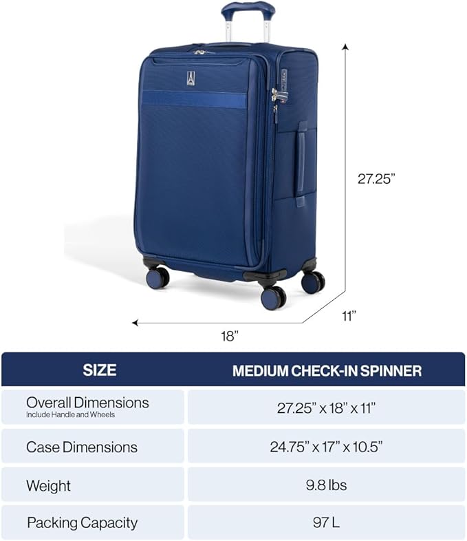 Travelpro VersaPack+ Lightweight Softside Expandable Checked Luggage, 8 Spinner Suitcase, TSA Lock, Men and Women, Checked Medium 25-Inch, Desert Sage Green