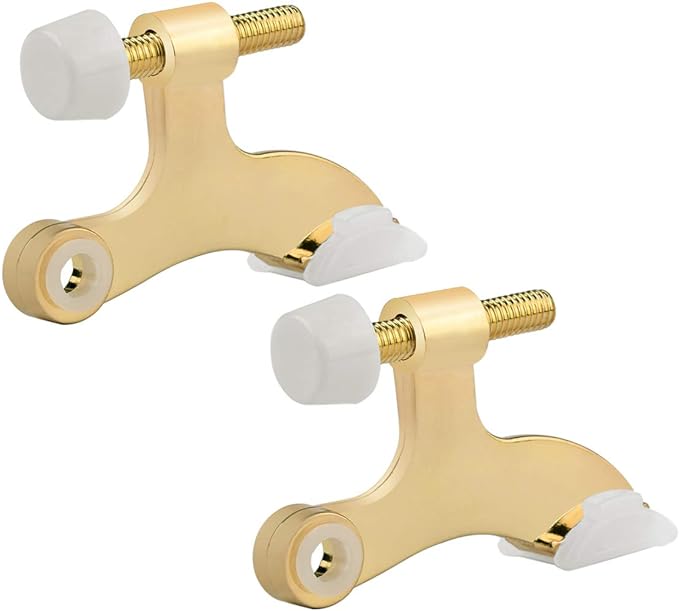 HOMOTEK 2 Pack Hinge Pin Bright Brass Door Stopper, Gold Door Stops, Adjustable Deluxe Heavy Duty Door Stopper 2-1/2"x1-3/4”,with White Rubber Bumper Tips