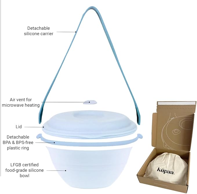 kūpaa Bowl & Carrier Duet – Microwave Safe Silicone Lunch Box For Adults– Collapsible, Leakproof, Food-Grade, Reusable To-Go Container (Glacier)