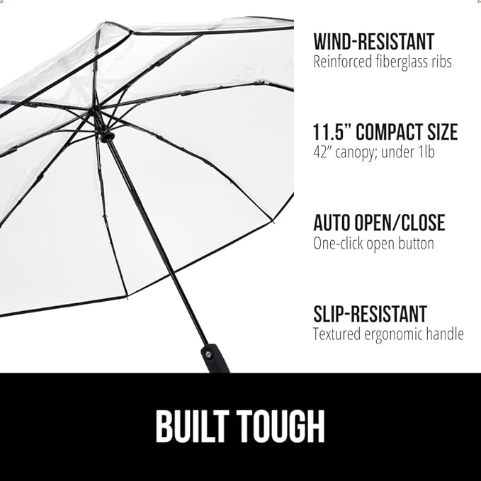 GORILLA GRIP Strong Stick Umbrella for Rain, Compact Travel One-Click Automatic Open Close, Lightweight, Portable, US Designed Reinforced Fiberglass Ribs, Wind Resistant, Easy Collapse, Clear