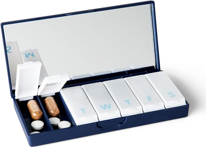 PORT X POLISH Designer Weekly Pill Box Organizer (Single 1X Daily, Navy) | Compact, Stylish 7-Day Vitamin Supplement Case | Cute Portable Mini Travel Medicine Carrier | BPA-Free Pillbox Caddy