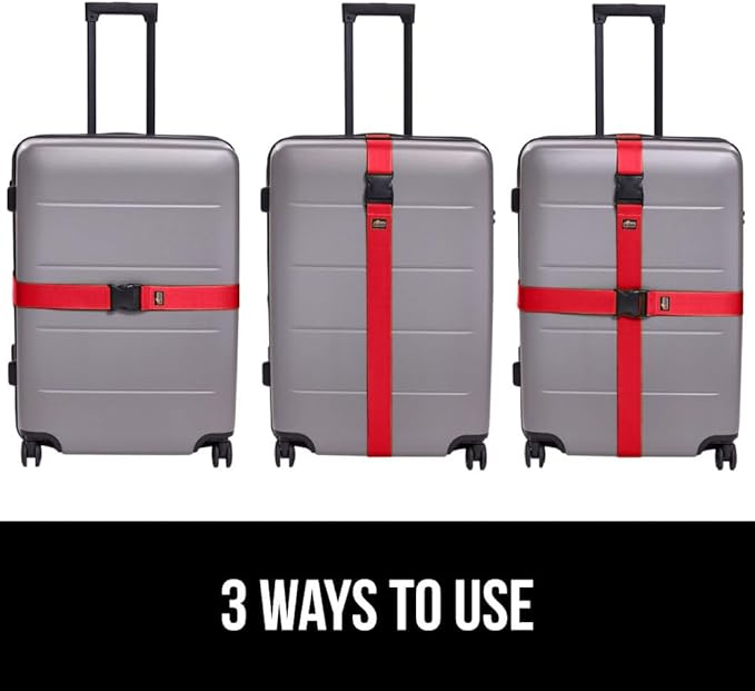 GORILLA GRIP Heavy Duty Adjustable Luggage Straps for Suitcases, Easy to Identify Travel Belt Connector Holds Suitcase Together, Extends Life of Bag, Strap Connects Two Bags, Accessories 2 Pack Red