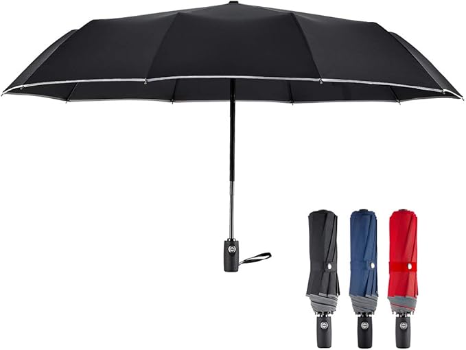 FDJASGY Windproof Travel Umbrella with Teflon Coating Auto Open Close Lightweight Sun&Rain Umbrella with 10 Rib Construction and Reflective Stripe Zipper Pouch