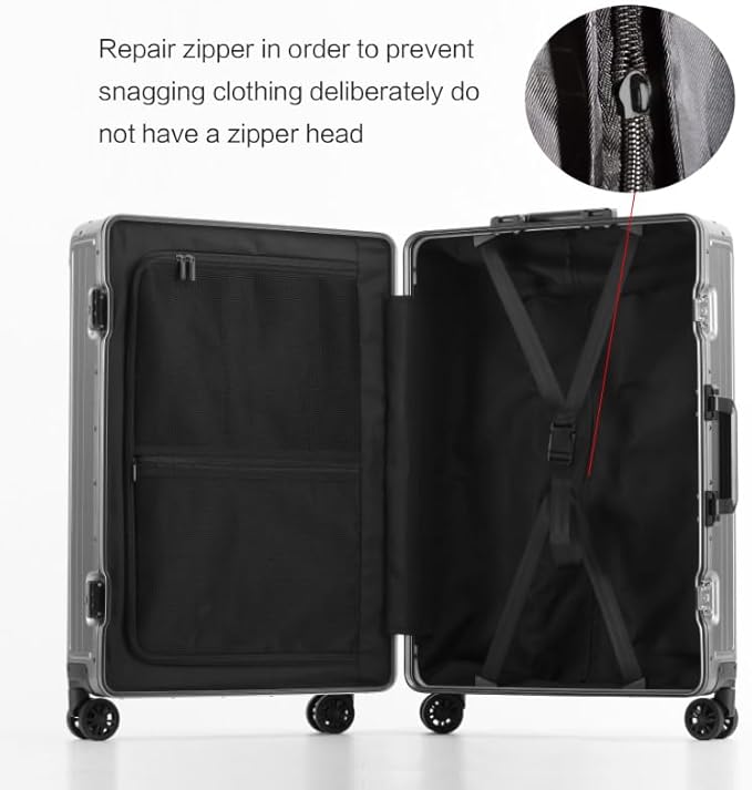 Metal all aluminum carry-on suitcase 20 "hard face, TSA lock and rotating wheel zippered luggage set (blue, 2Piece(20/28))