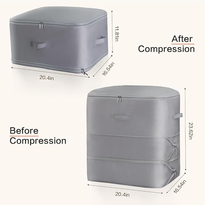 Ultra Space Saving Self Compression Storage Bags with Zipper, （Grey) -Compression Organize for Bedding, Comforter Storage Bag for Blankets Duvet Quilts Pillows