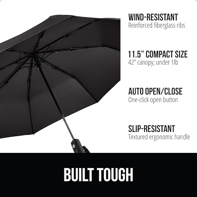 GORILLA GRIP Windproof Compact Stick Umbrella for Rain, Travel One-Click Automatic Open and Close, Strong, Lightweight, Stocking Stuffer, White Elephant Holiday Gift, Portable, Easy Collapsible, Black