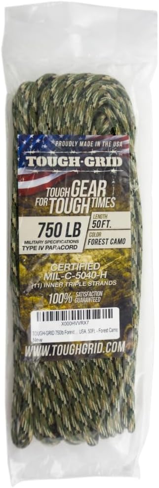 TOUGH-GRID 750 Paracord Rope Nylon Parachute Cord, Made in USA Survival Kit, Outdoor Adventures, Camping, Tactical Gear & Emergency Supplies, Military Type IV Mil-Spec