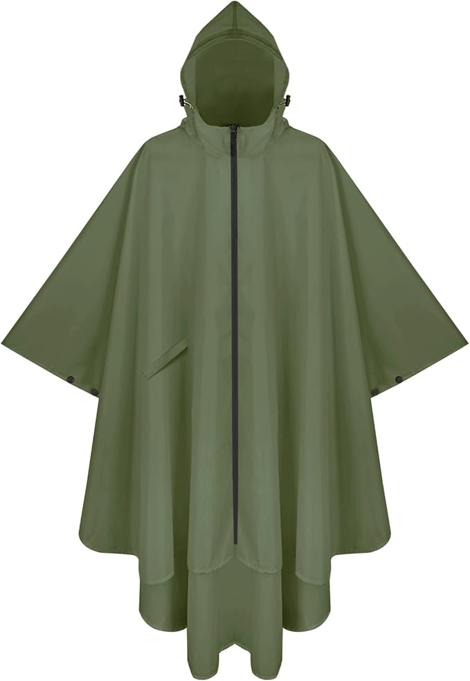 PTEROMY Hooded Rain Poncho for Adult with Pocket and Zipper, Waterproof Lightweight Raincoat for Men and Women