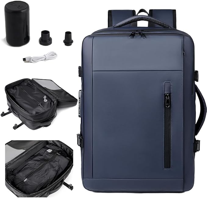 Vacuum-sealed travel computer backpack, Water-Resistant, With vacuum pump, Multiple Compartments, Anti-theft combination lock(Blue)