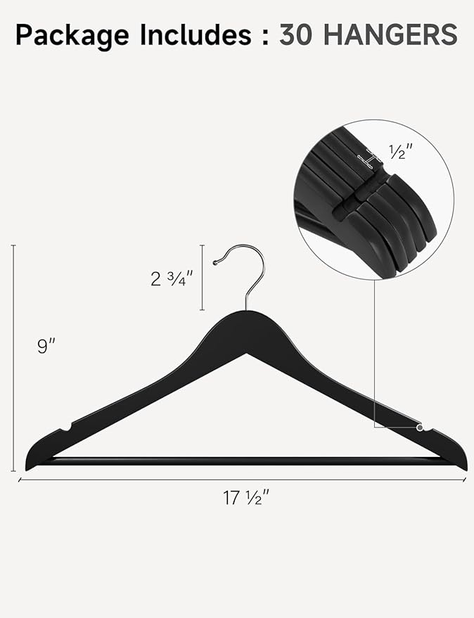 StorageWorks Black Wooden Hangers, 30 Pack Wood Hanger for Closet, Coat Hangers for Coats, Shirts, Pants, Suits