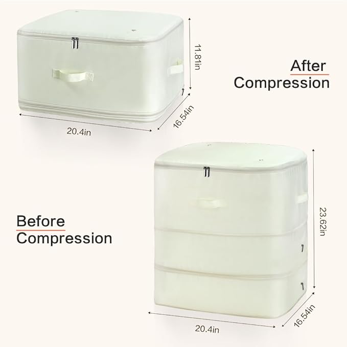 Ultra Space Saving Self Compression Storage Bags with Zipper, (Beige) -Compression Organize for Bedding, Comforter Storage Bag for Blankets Duvet Quilts Pillows