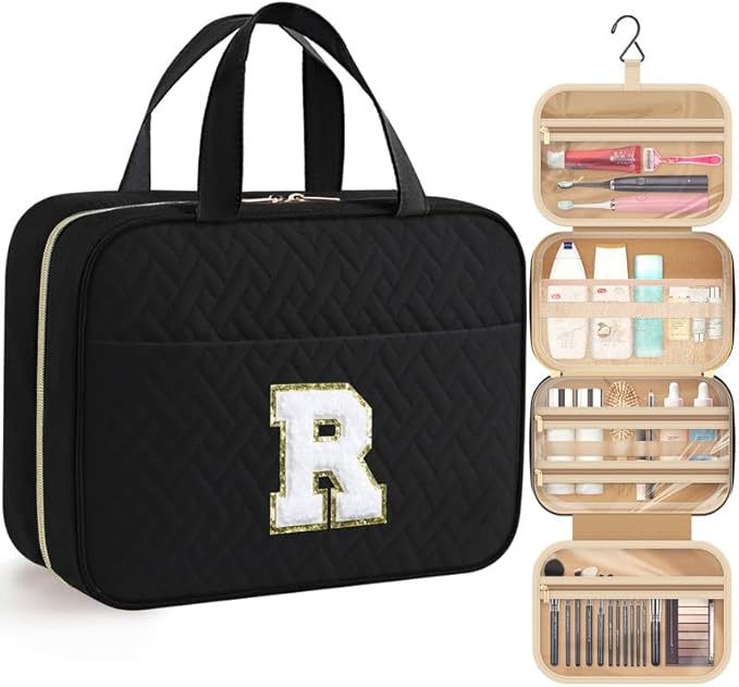 HOTOR Travel Toiletry Bag - Personalized Chenille Initial Makeup Bag, Water-Resistant Personalized Gifts for Women, Portable Travel Accessories & Essentials, Letter R, Black, 11.4"×9.0"×3.35"