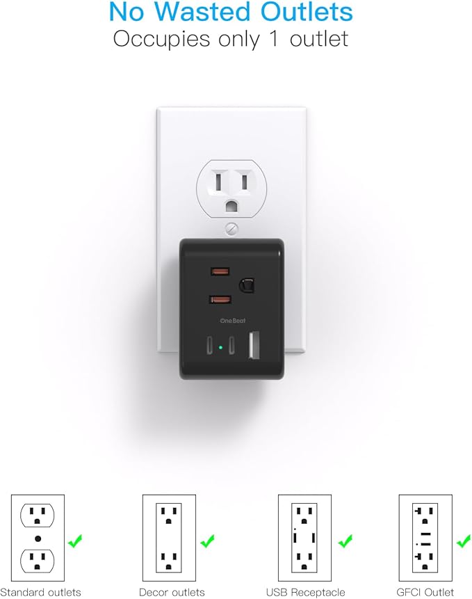 Multi Plug Outlet Extender, Power Strip Non Surge Protector Electric Outlet Splitter with 3 USB Wall Charger (2 USB C), Multiple Outlet Expander for Cruise, Dorm, Travel, Home, Office(Black)