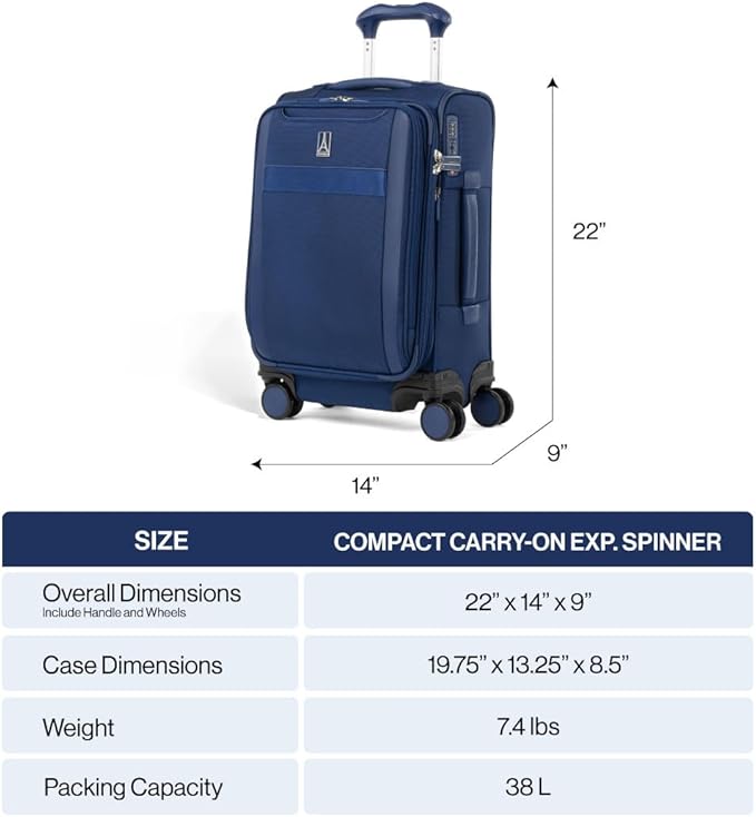 Travelpro VersaPack+ Lightweight Softside Expandable Carry on Luggage, 8 Spinner Suitcase, TSA Lock, Men and Women, Compact Carry On 20-Inch, Black