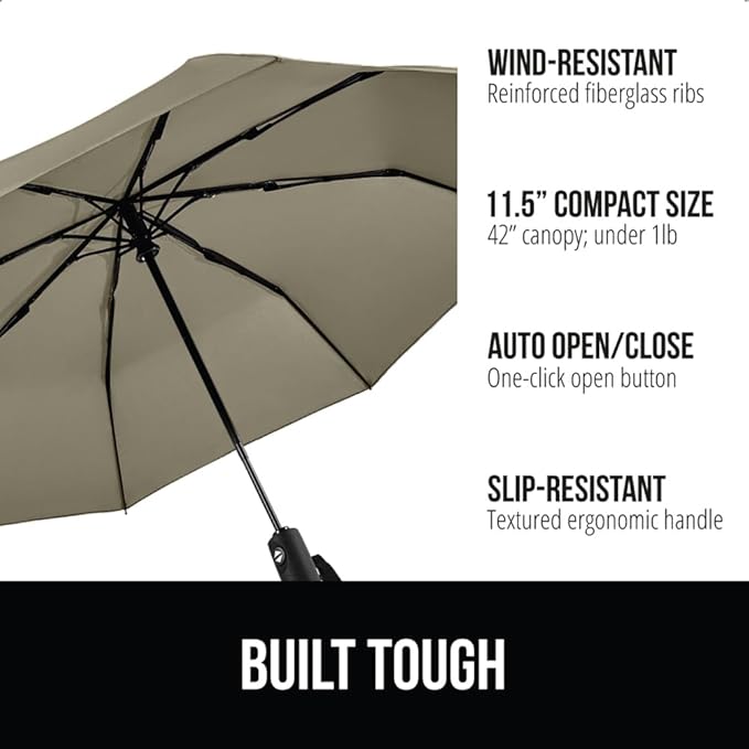 GORILLA GRIP Strong Stick Umbrella for Rain, Compact Travel One-Click Automatic Open Close, Lightweight, Portable, US Designed Reinforced Fiberglass Ribs, Wind Resistant, Easy Collapse, Beige