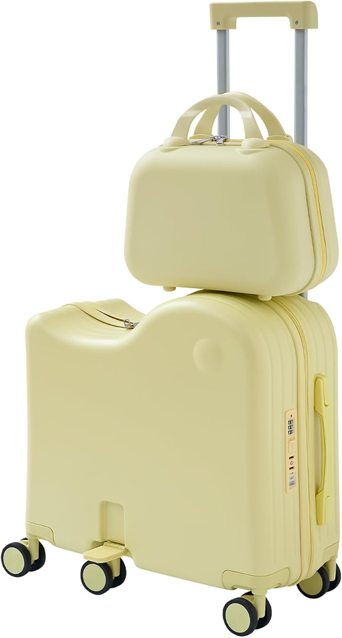 TABU Ride-on Luggage with Handbag for Kids，Hardshell Carry On Suitcase with Hidden Cup Holder, Foldable Pedal,Type-C & USB Interface, TSA Lock, 6-Spinner Wheels, Yellow