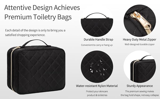 CUBETASTIC Hanging Travel Toiletry Bag, Portable Makeup Organizer for Women Men, 3 Compartment Cute Cosmetic Case Water-resistant Small Travel Bag for Toiletries, Black