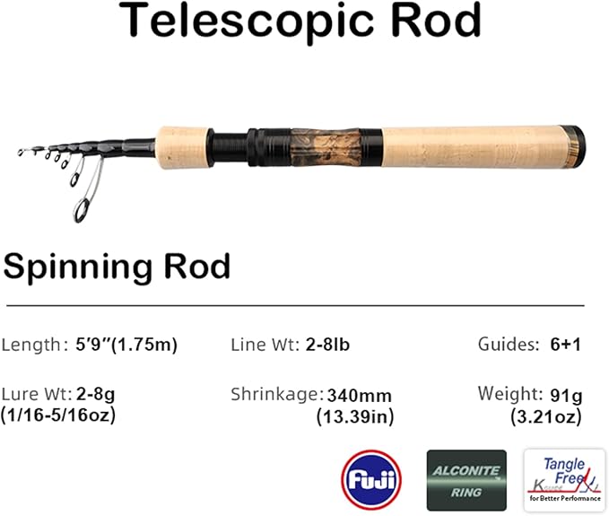 PURELURE Telescopic Fishing Rod Ultralight or Light, Carbon Fiber Rod Spinning & Casting, Fuji Alconite Ring and Reel Seat, One-Piece Mixed Carbon/4A Cork Handle, Spare Solid Tip, Portable Travel Rod