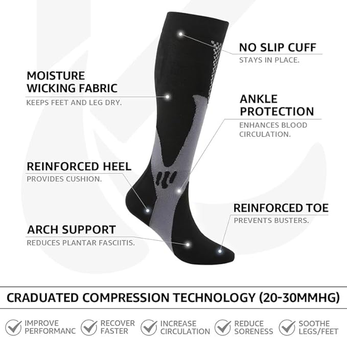 Kickticks 4 Pairs Compression Socks for Woman & Man Unisex 20-30mmHg Knee high Plus Size Wide Calves for Flying Running…