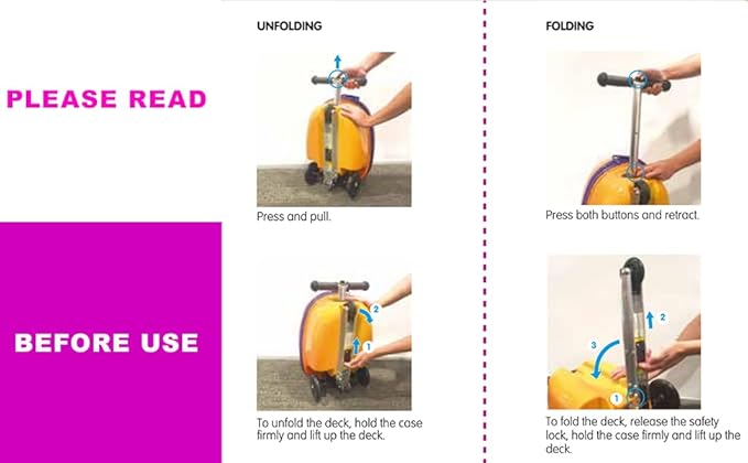 Owl Kids Scooter Suitcase - Folding Kids Luggage with Wheels - Multifunctional Ride on Luggage Travel suitcase with Strong Grip, Easy Locks and Zippers – Capacity to Hold 110LB
