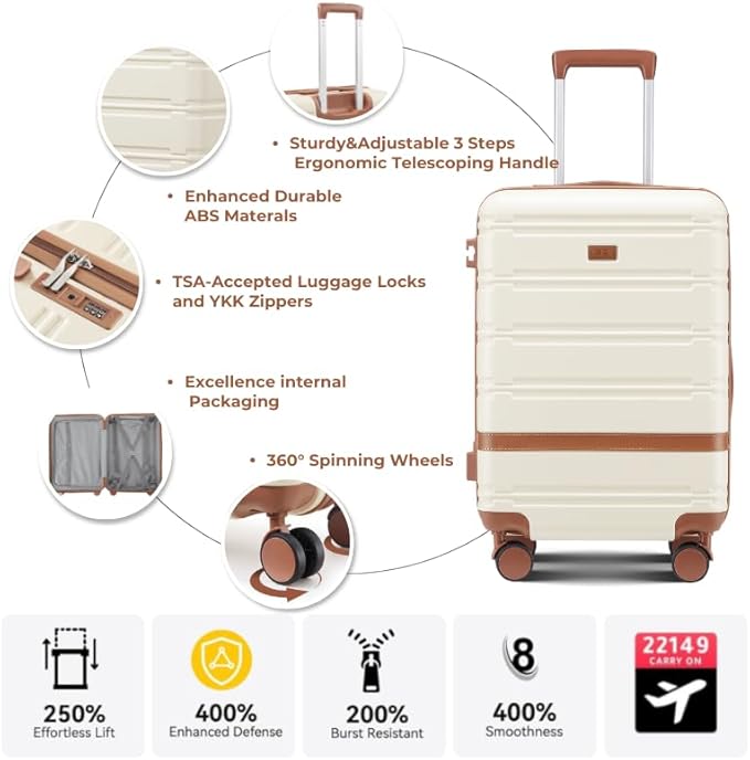 Luggage Sets 3 Piece with spinner wheels, PC+ABS Hard Shell Travel Luggage,Lightweight Carry-on suitcases with TSA Lock,YKK Zippers (beige)