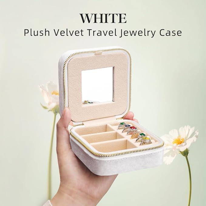 TAIMY Travel Jewelry Case,Small Plush Velvet Travel Jewelry organizer,Portable Mini Travel Jewelry Boxes for Rings Earrings Necklaces Bracelets(White,with Mirror)