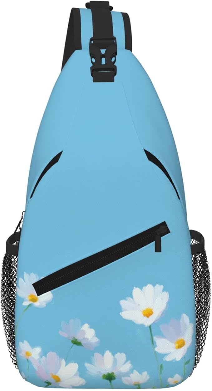 Sling Bag White Flower Blue Summer Hiking Daypack Crossbody Shoulder Backpack Travel Chest Pack for Men Women