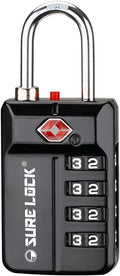 SURE LOCK TSA Approved 4-Digit Resettable Combination Luggage Lock with Open Alert, Easy-Read Dials - for Luggage, School Lockers, Gym, Office, Toolbox & Security Cases (Black 1 Pack)